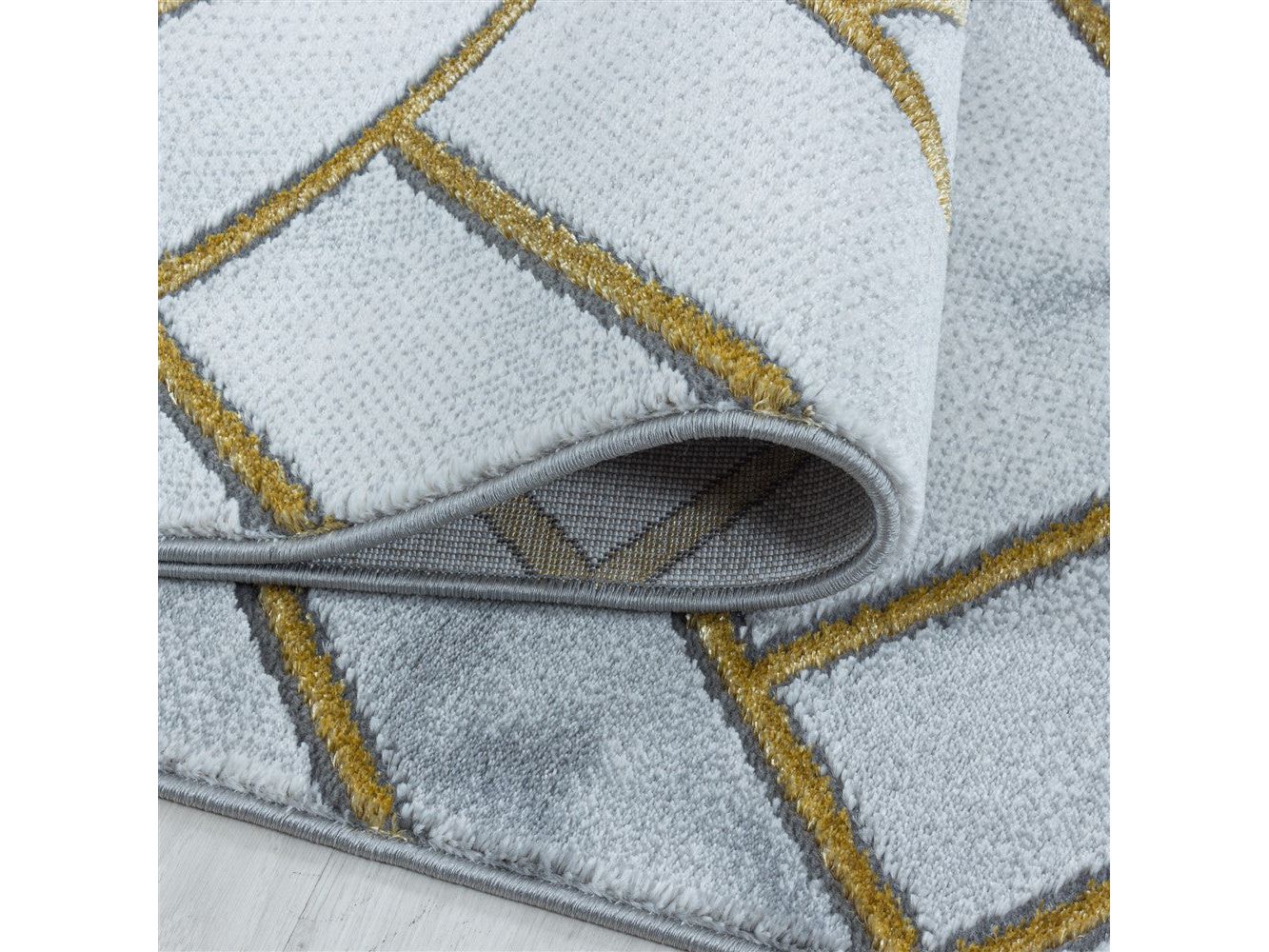 Wohnzimmerteppich Kurzflor Teppich Muster Marmoriert Linien Karo Gold - Image 4