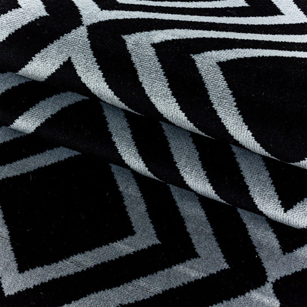Wohnzimmerteppich Kurzflor Teppich Rauten Gitter Design Schwarz - Image 6