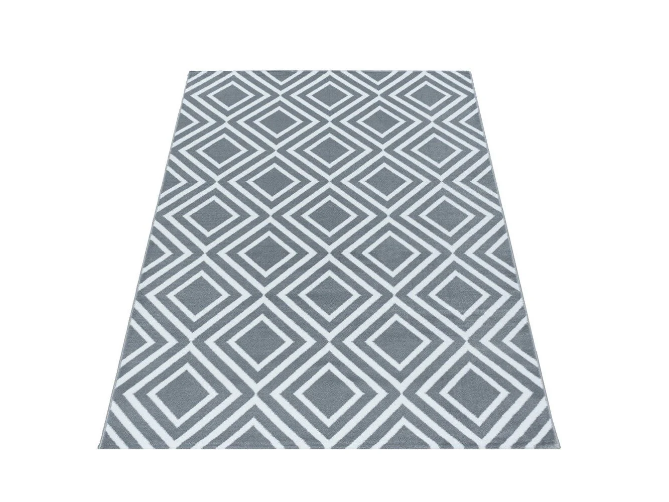 Wohnzimmerteppich Kurzflor Teppich Rauten Gitter Design Soft Flor Grau - Image 4