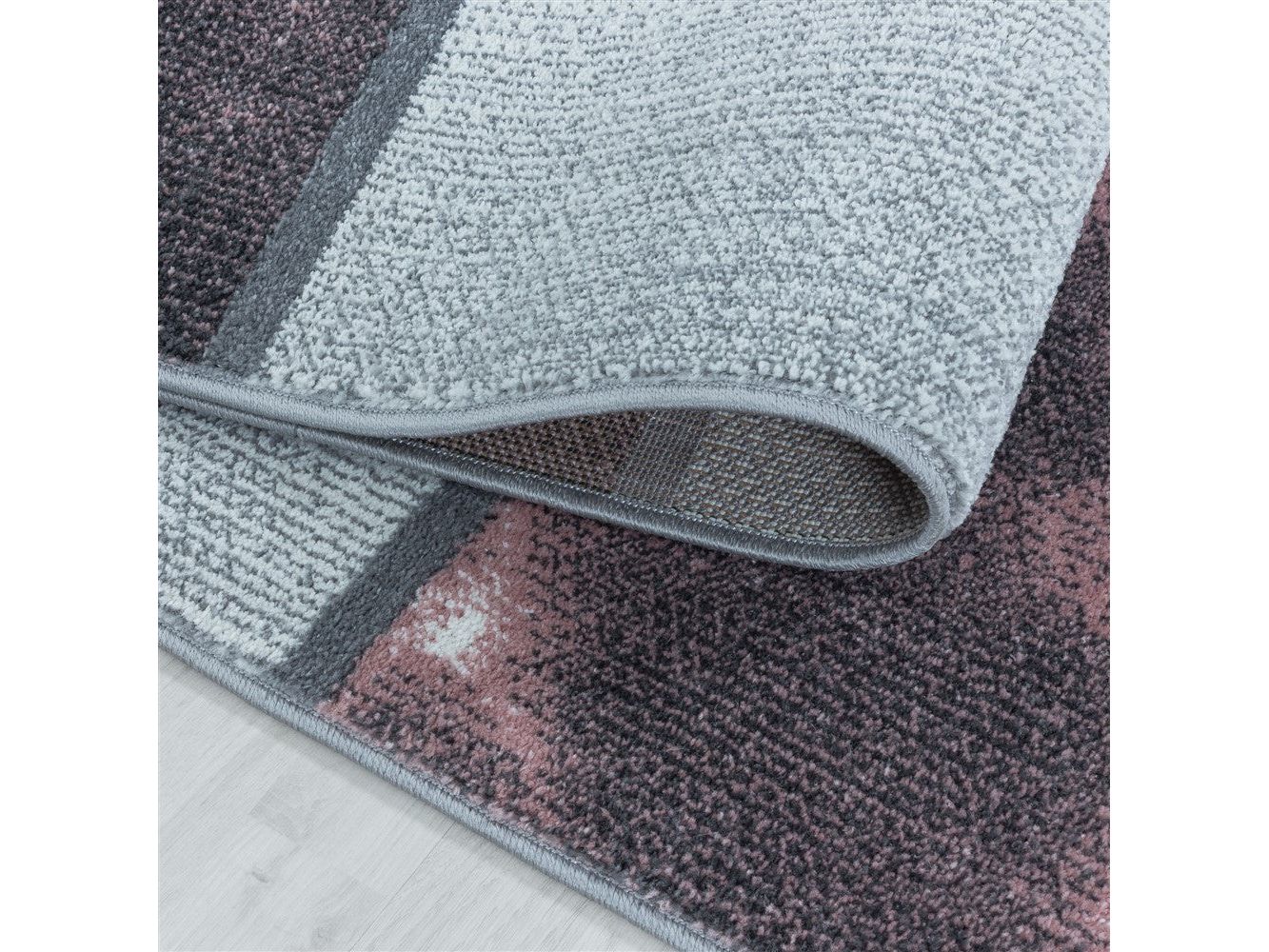 Wohnzimmerteppich Kurzflor Teppich Rosa Grau Quadrat Muster Marmoriert Weich - Image 4