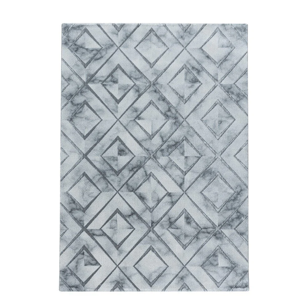 Wohnzimmerteppich Teppich Kurzflor Muster Marmoriert Rauten Karo Silber - Image 2