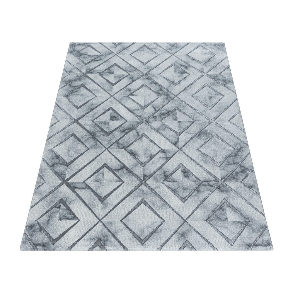 Wohnzimmerteppich Teppich Kurzflor Muster Marmoriert Rauten Karo Silber - Image 4